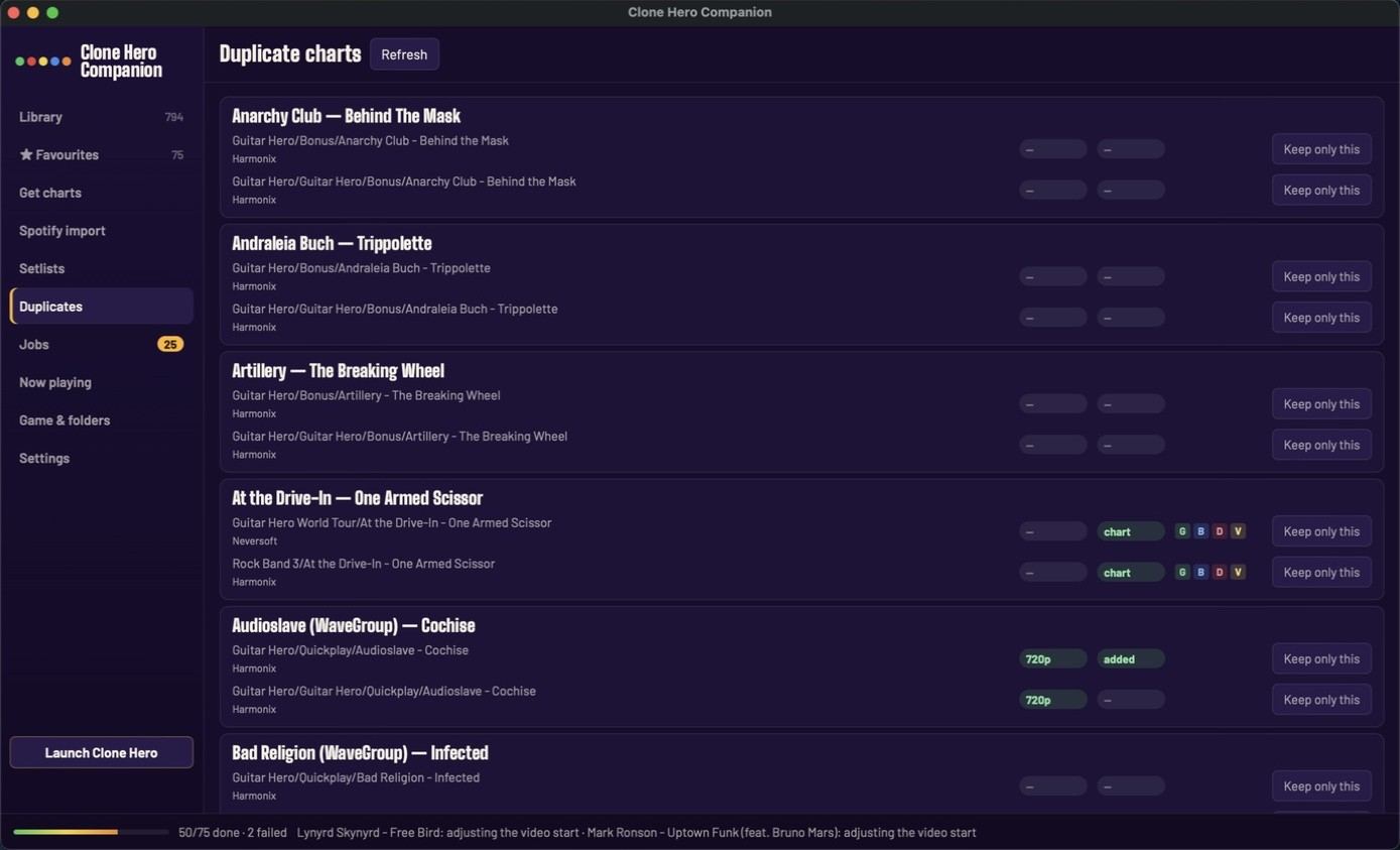 The duplicate chart finder listing songs charted more than once