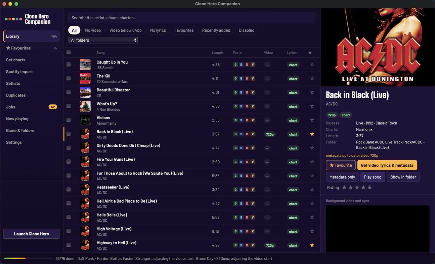 The Clone Hero Companion library: a fast list of songs with album art, video quality and lyrics status, and a song panel open on the right